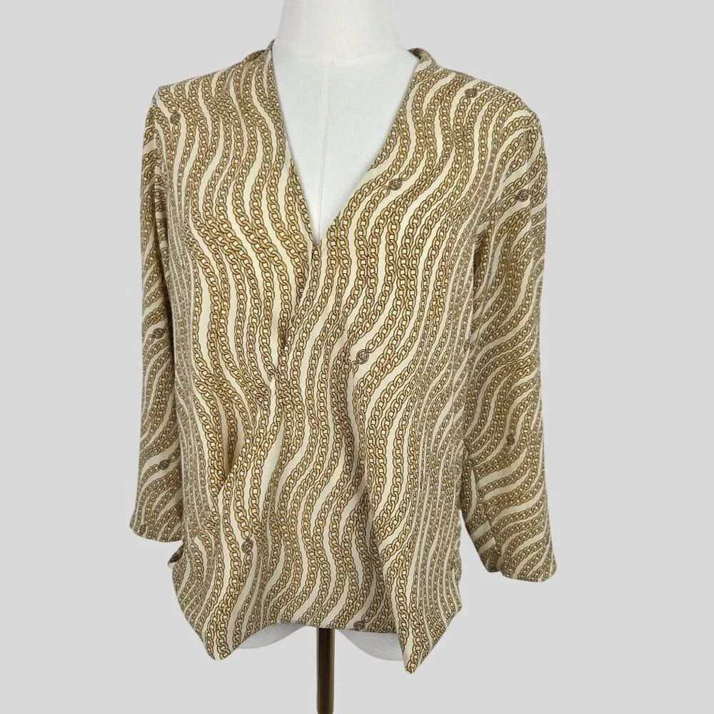 Michael‎ Kors Gold Chain Print Blouse Size Medium Gold Long Sleeve Equestrian